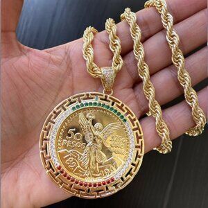 14K Gold Plated Mexican Centenario 50 CZ Pendant with Rope Chain 24 inch 6mm
